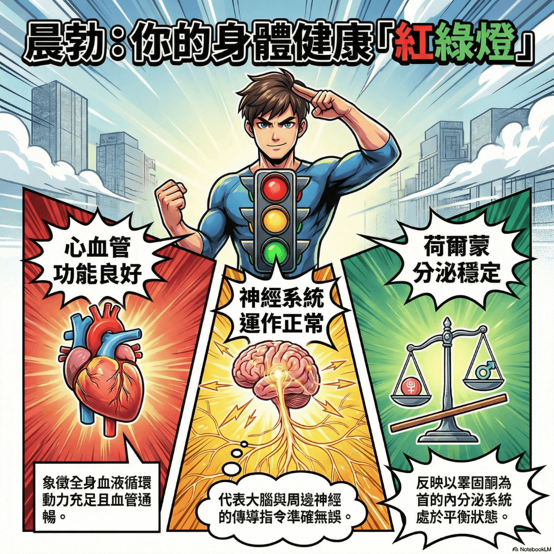 晨勃健康紅綠燈示意圖：說明晨勃反映了心血管功能、神經系統運作與荷爾蒙分泌的三大健康狀態。