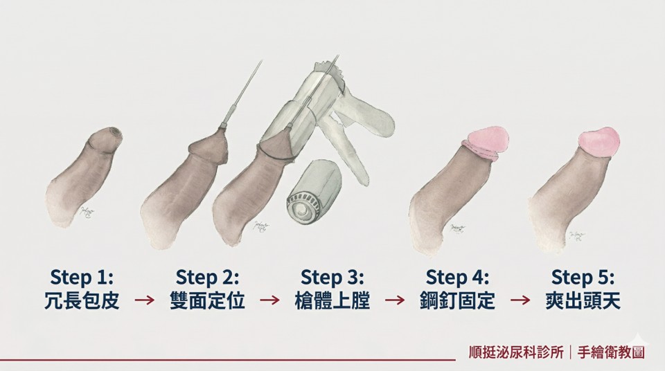 包皮槍手術步驟示意圖：冗長包皮、雙面定位、槍體上膛、鋼釘固定、術後恢復