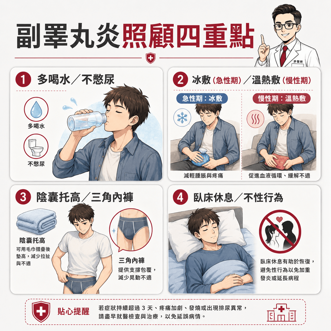 副睪丸炎照顧四重點:多喝水/不憋尿、冰敷(急性期)/溫熱敷(慢性期)、陰囊托高/三角內褲、臥床休息/不性行為