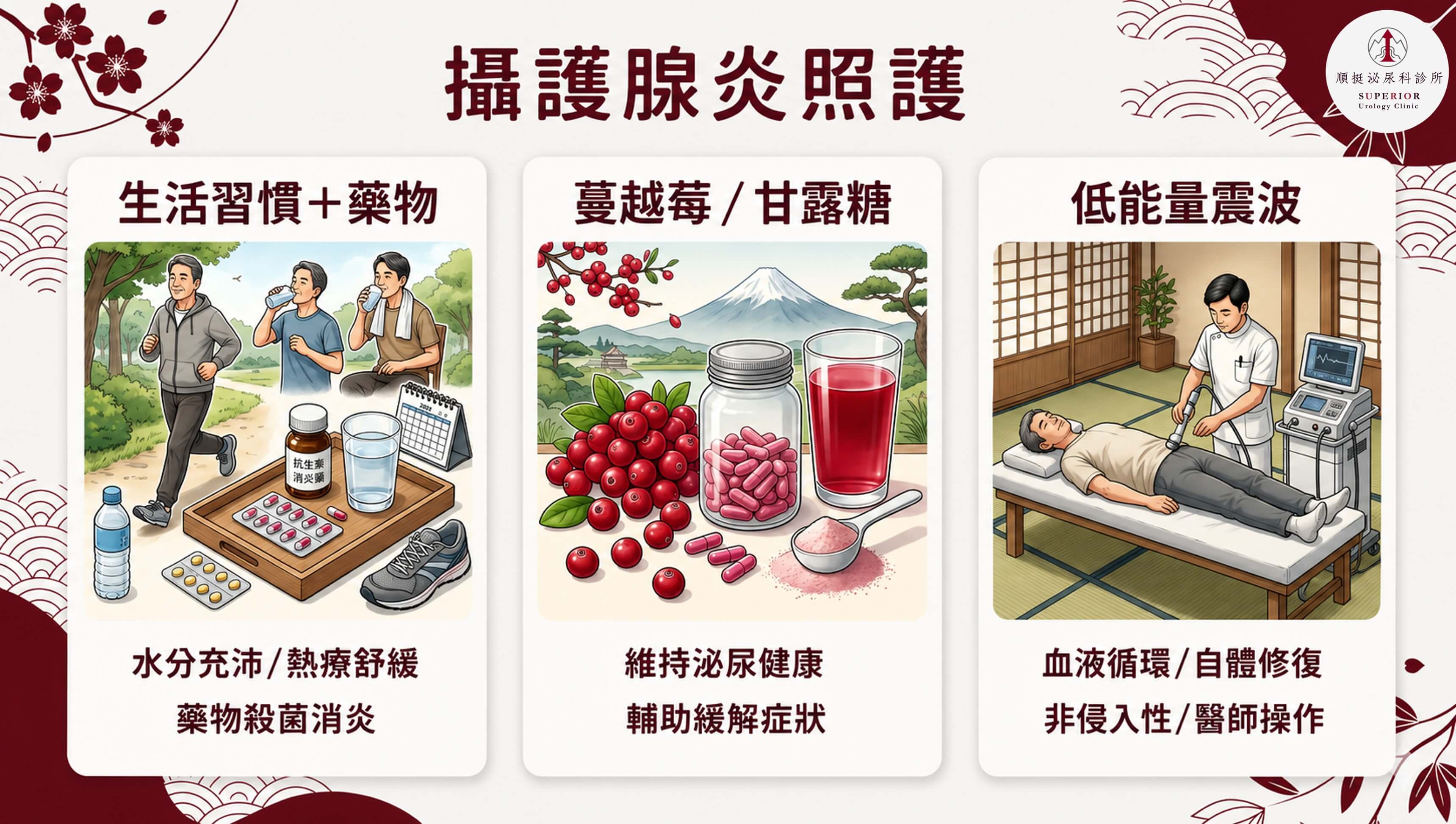 攝護腺炎三層次照護策略：生活習慣與藥物、蔓越莓甘露糖、低能量震波流程圖
